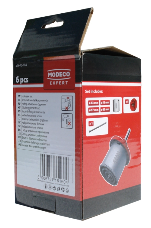 WYRZYNARKA DO OTWORÓW Z NASYPEM WOLFRAMOWYM Z KORONAMI 6SZT. 33,53,67,83MM MN-76-104 MODECO