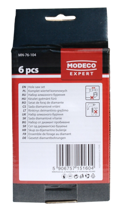 WYRZYNARKA DO OTWORÓW Z NASYPEM WOLFRAMOWYM Z KORONAMI 6SZT. 33,53,67,83MM MN-76-104 MODECO