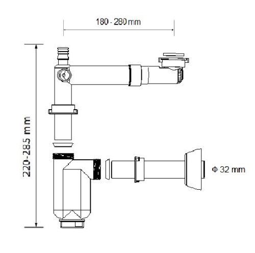 PÓŁSYFON UMYWALKOWY LOCO, TELESKOPOWE RAMIĘ Z REGULACJĄ 180-280MM-2.png
