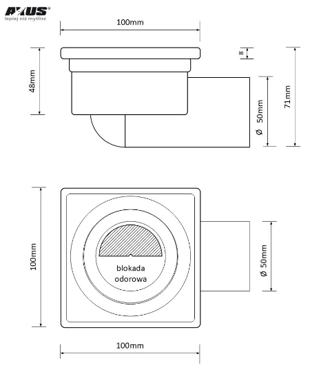 WPUST ŚCIEKOWY, ODEJŚCIE POZIOME FI50, OBROTOWE 360°, 10X10CM STAL NIERDZEWNA-2.png