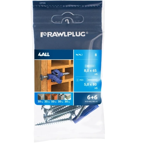 4ALL KOŁEK UNIWERSALNY 8x65 mm Z WKRĘTEM 5,0x80 mm WOREK FOLIOWY 6 SZT RAWLPLUG