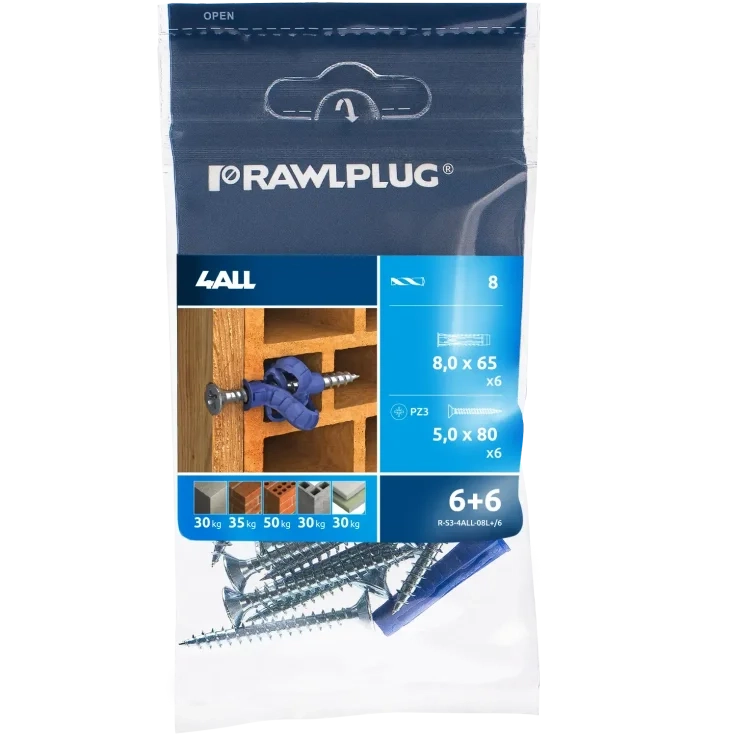 4ALL KOŁEK UNIWERSALNY 8x65 mm Z WKRĘTEM 5,0x80 mm WOREK FOLIOWY 6 SZT RAWLPLUG