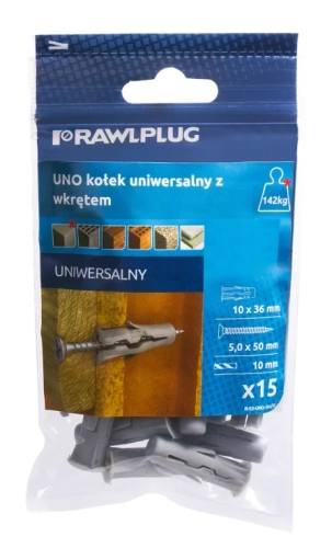 UNO KOLEK UNIWERSALNY 10x36 MM Z WKRĘTEM 5,0x45 MM WOREK FOLIOWY 15 SZT RAWLPLUG