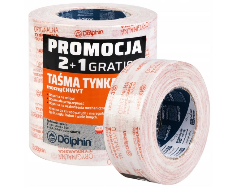 TAŚMA MALARSKA 2×48 mm × 50 m + 1 GRATIS TYNKARSKA BIAŁA (wielopak) BLUE DOLPHIN