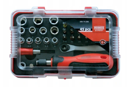 ZESTAW NARZĘDZI WKRĘTAK, NASADKI, GROTY 45 SZT MN-14-206 MODECO